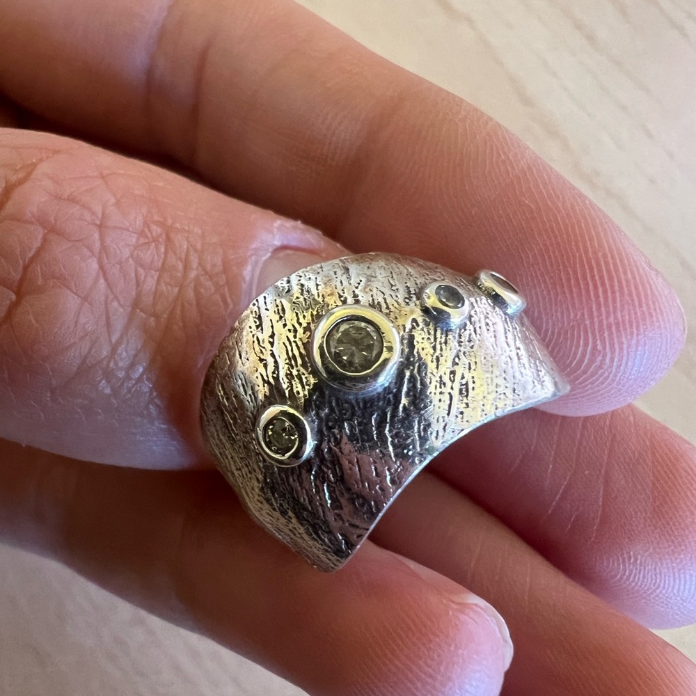 Textured Silver Ring with Gem Accents